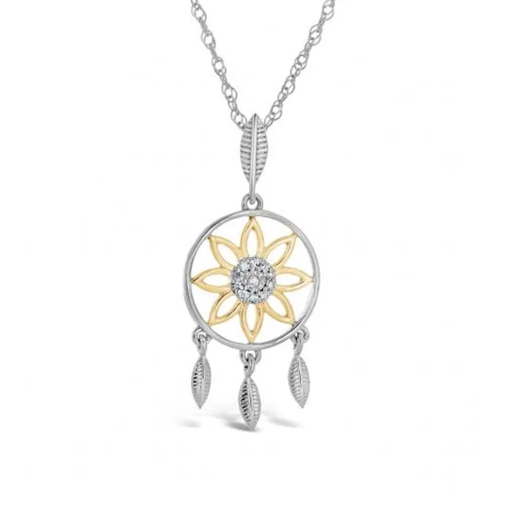 Sterling Silver 10K Yellow Gold Diamond Dreamcatcher Necklace