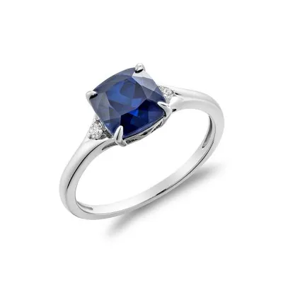 10K White Gold Created Blue Sapphire & Diamond Ring