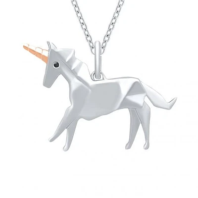 Sterling Silver Rose Gold Plated Diamond Unicorn Pendant