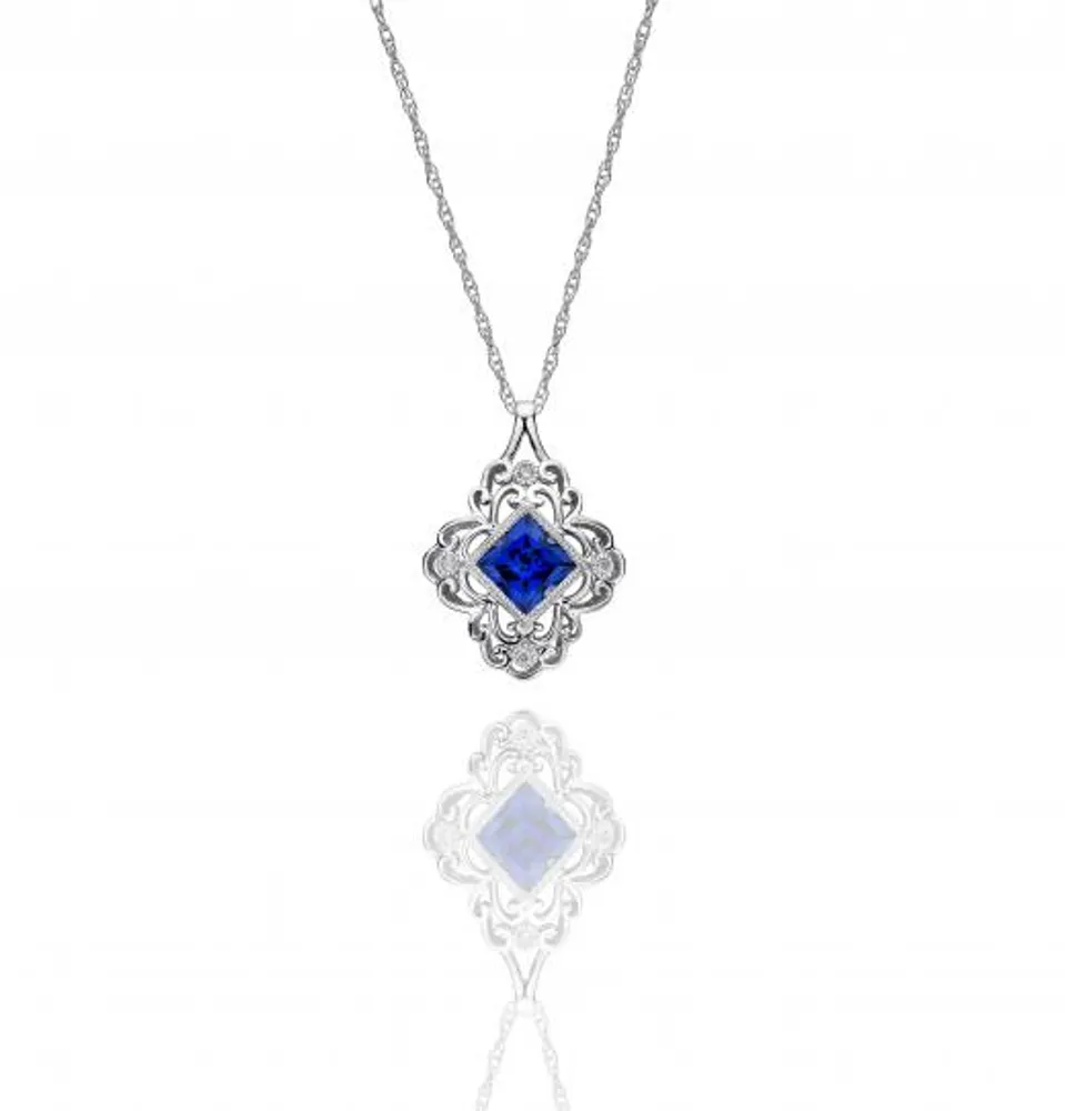 Sterling Silver Created Blue Sapphire & Diamond Pendant with Chain