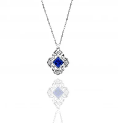 Sterling Silver Created Blue Sapphire & Diamond Pendant with Chain