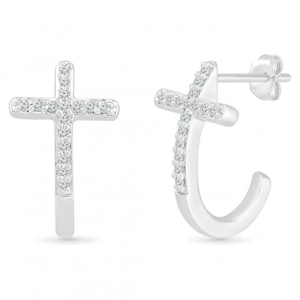 10K White Gold 0.10CTW Diamond Cross Earrings