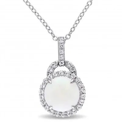 Julianna B Sterling Silver Opal and White Topaz Halo Charm Pendant