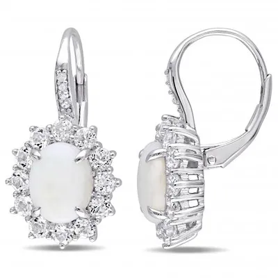 Julianna B Sterling Silver Opal White Topaz and Diamond Halo Leverback Earrings