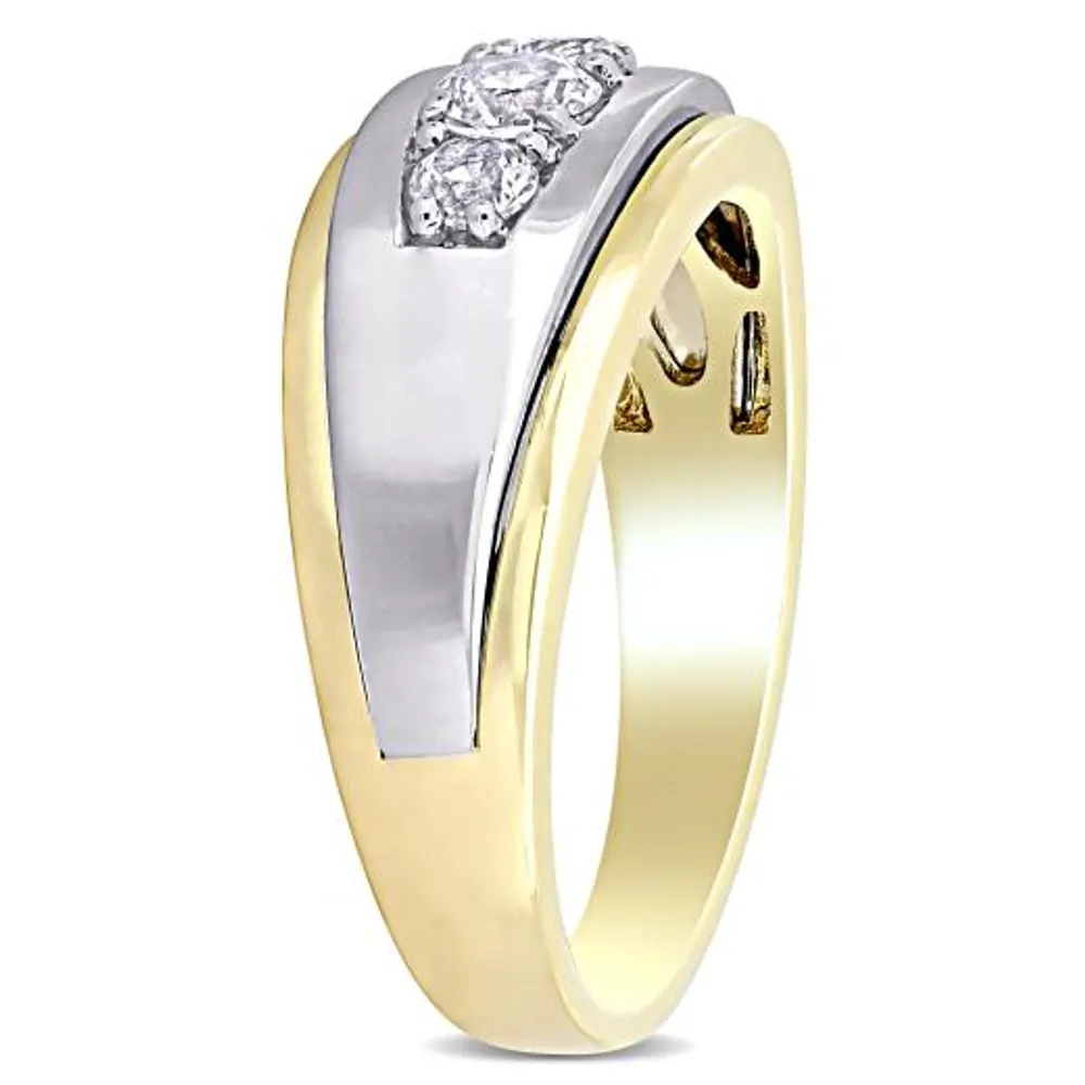 Diamore 10K White and Yellow Gold Created White Sapphire 3-Stone Men's Ring