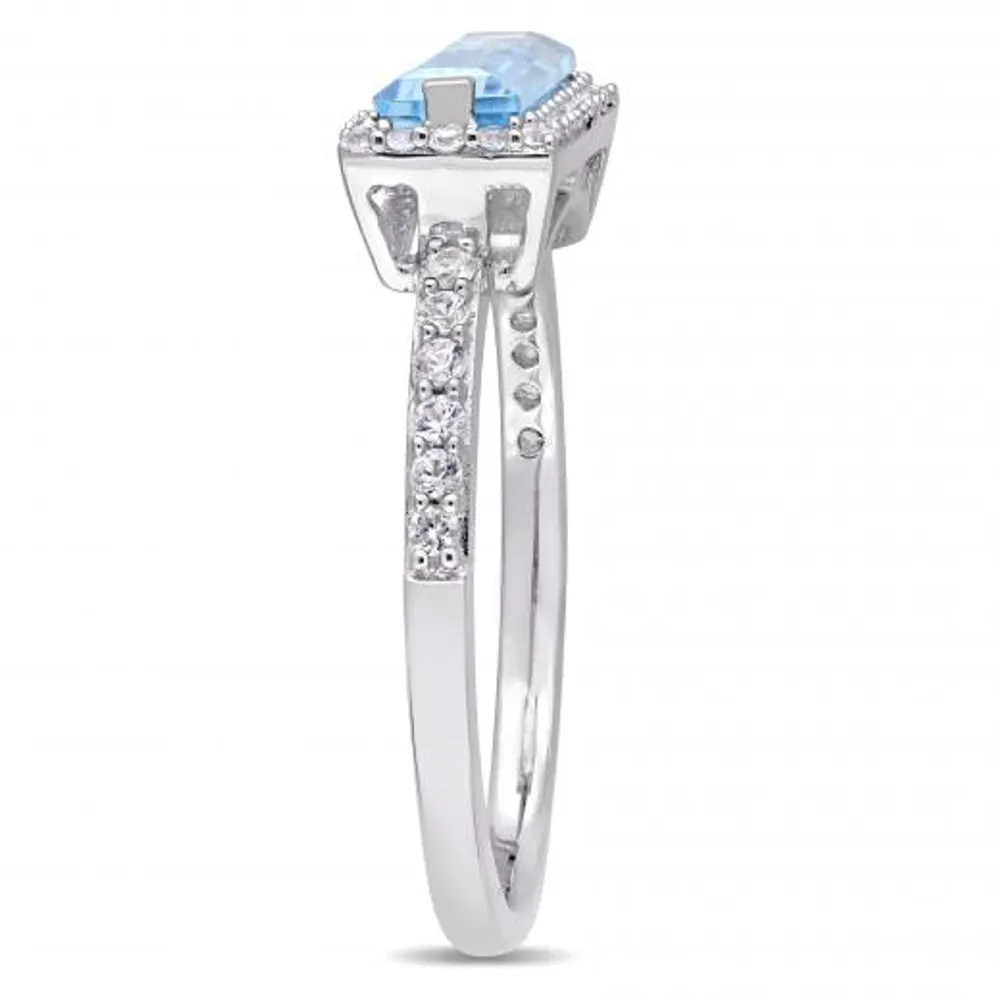 Julianna B Sterling Silver Baguette-Cut Blue Topaz and White Sapphire Halo Ring