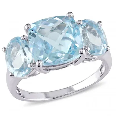 Julianna B Sterling Silver Cushion Cut Blue Topaz Three-Stone Ring