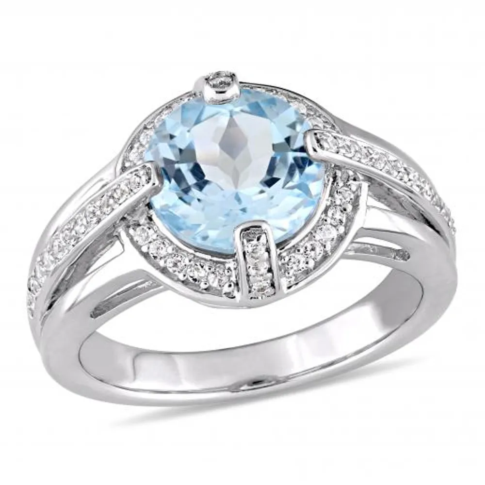 Julianna B Sterling Silver Blue and White Topaz Halo Split Shank Ring