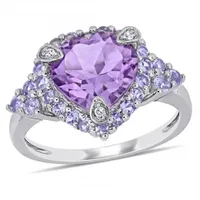 Julianna B 10K White Gold Diamond and Heart Shaped Amethyst and Tanzanite Ring