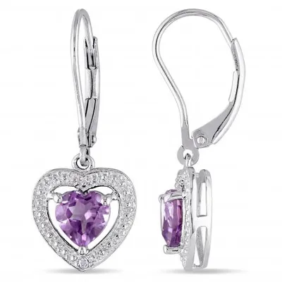 Julianna B Sterling Silver Amethyst and Diamond Heart Leverback Earrings