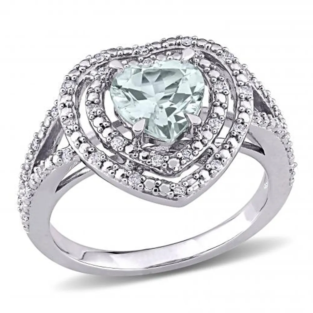 Julianna B 10K White Gold Aquamarine and Diamond Double Halo Heart Ring