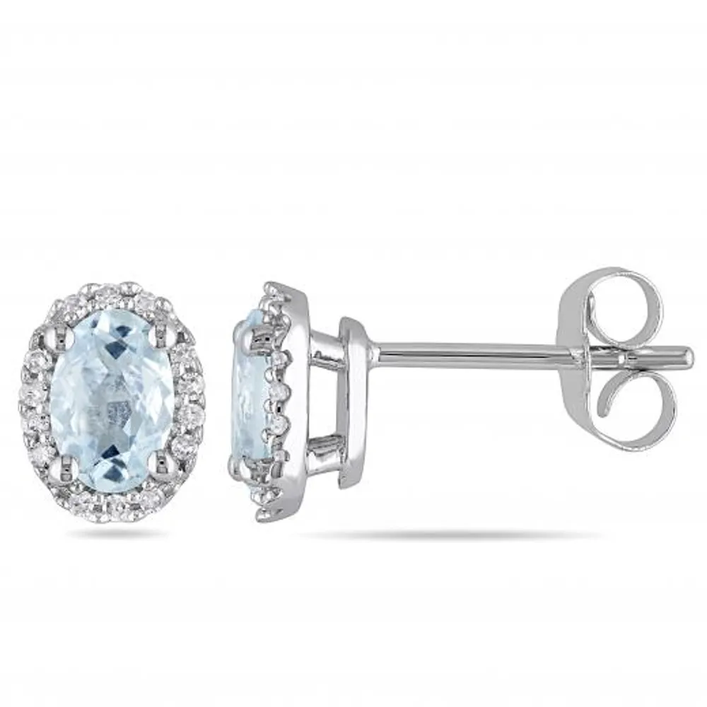 Julianna B 10K White Gold Oval Aquamarine and 0.084CTW Diamond Halo Earrings