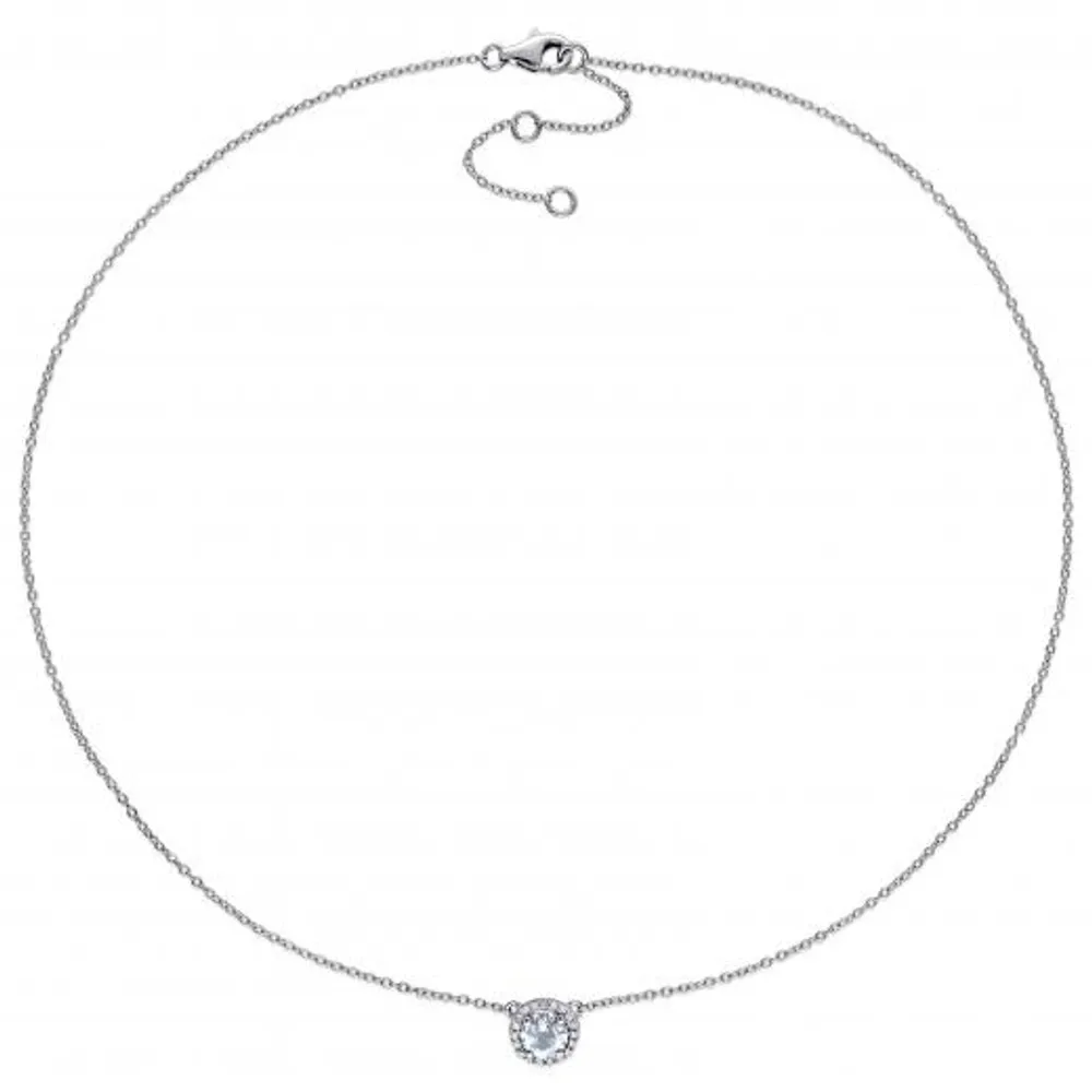 Julianna B Sterling Silver 0.10CTW Diamond and Aquamarine Halo Necklace