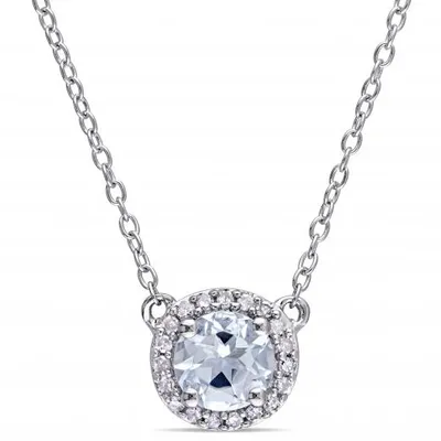 Julianna B Sterling Silver 0.10CTW Diamond and Aquamarine Halo Necklace