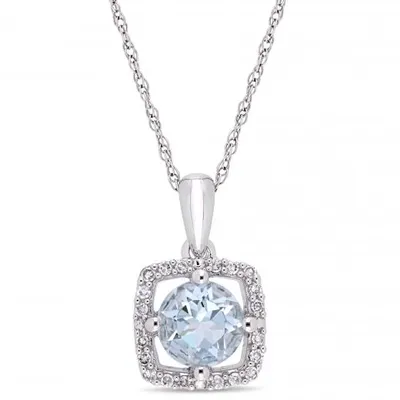 Julianna B 10K White Gold Aquamarine and Diamond Square Halo Pendant with Chain