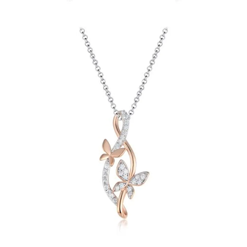 Sterling Silver Rose Plated Cubic Zirconia 19" Butterfly Pendant