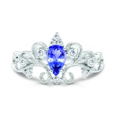 10K White Gold Tanzanite & Diamond Crown Ring