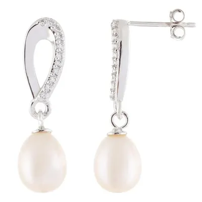 Sterling Silver 7-8mm White Freshwater Pearl Cubic Zirconia Earrings