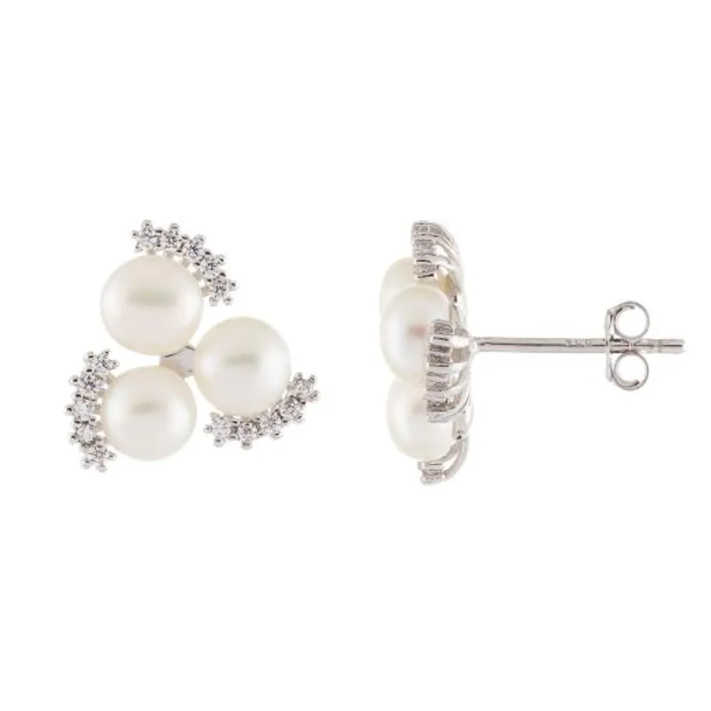 Sterling Silver 5-6mm Triple White Freshwater Pearl Stud Earrings