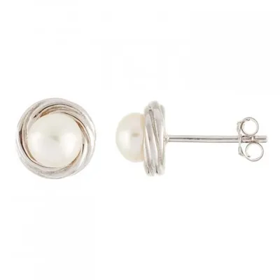 Sterling Silver 5-5.5mm White Loveknot Freshwater Pearl Earrings