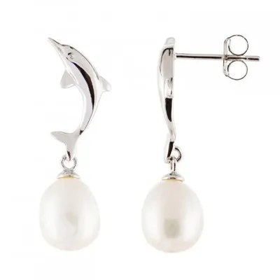 Sterling Silver 7.5-8mm Dolphin Shaped Pearl Earrings