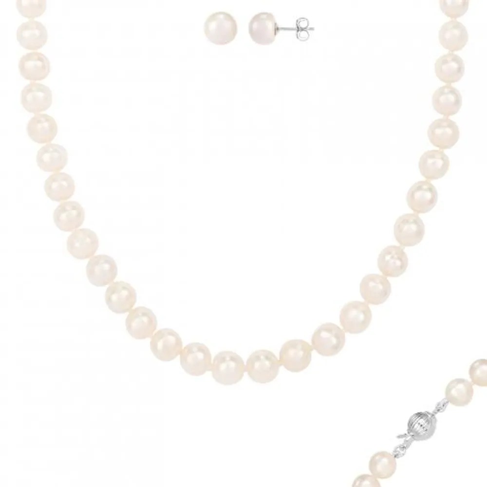 Sterling Silver 7-7.5mm Pearl Necklace and Matching Stud Earrings