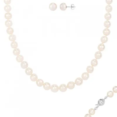 Sterling Silver 7-7.5mm Pearl Necklace and Matching Stud Earrings