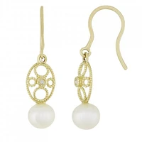 14K Yellow Gold 7-7.5mm Dangling Diamond Pearl Earrings