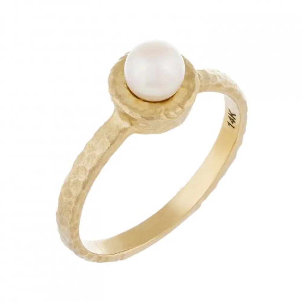 14K Hammered Yellow Gold 5-5.5mm Pearl Ring