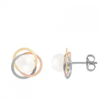 14K Tri-Colour Gold 6.5-7mm Pearl Loveknot Stud Earrings