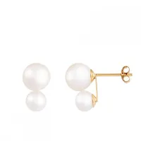 14K Yellow Gold 5-7.5mm Double White Pearl Stud Earrings