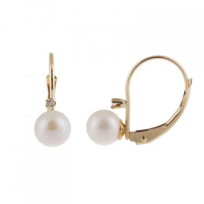 14K Yellow Gold 5-6mm Pearl & Diamond Accented Leverback Earrings