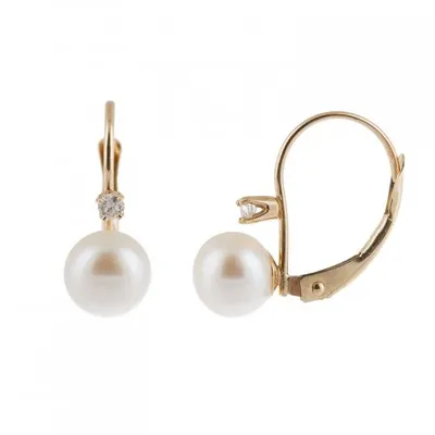 14K Yellow Gold 6-7mm Pearl & Diamond Accented Leverback Earrings