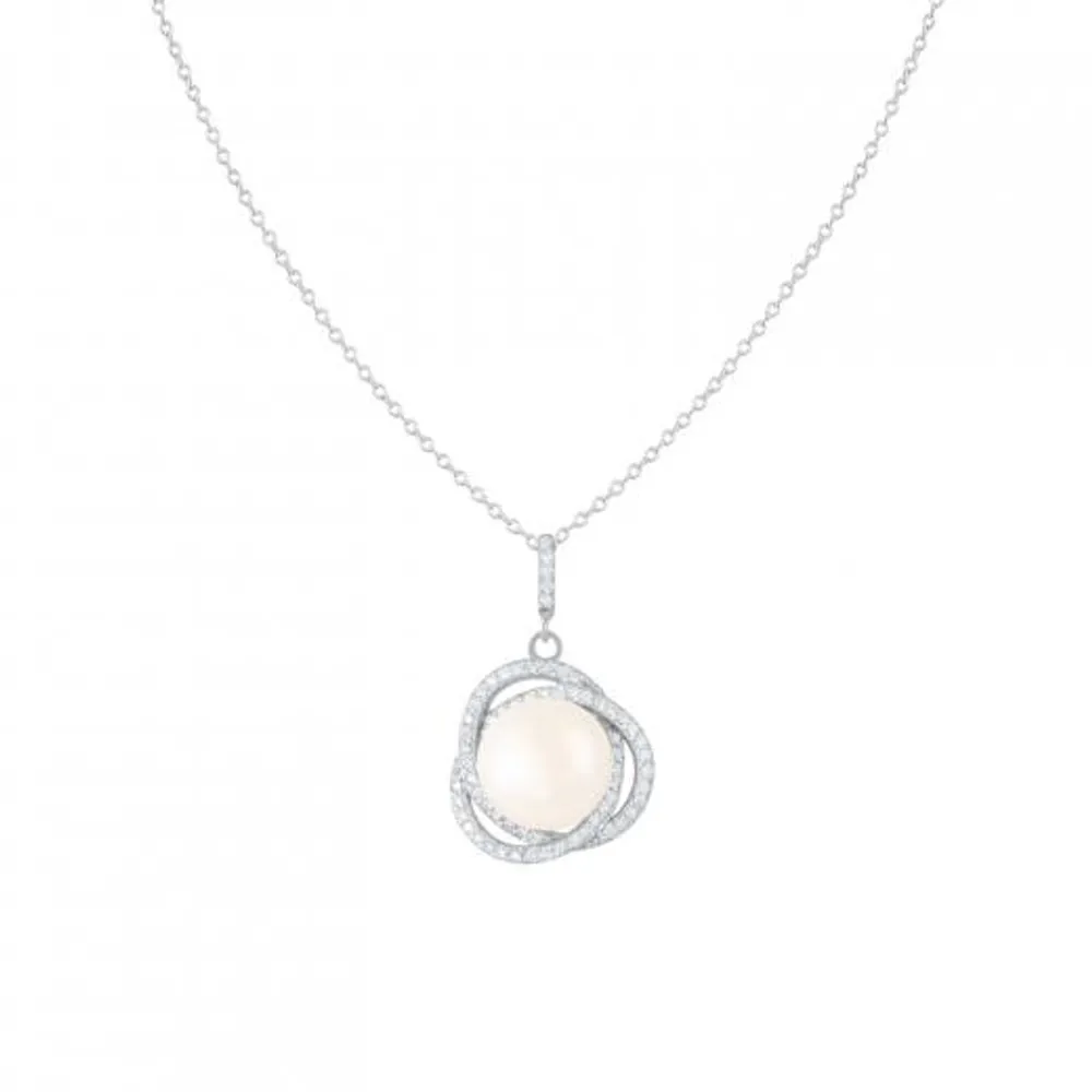 Sterling Silver 11-12mm Fancy Halo Pearl & Cubic Zirconia Pendant