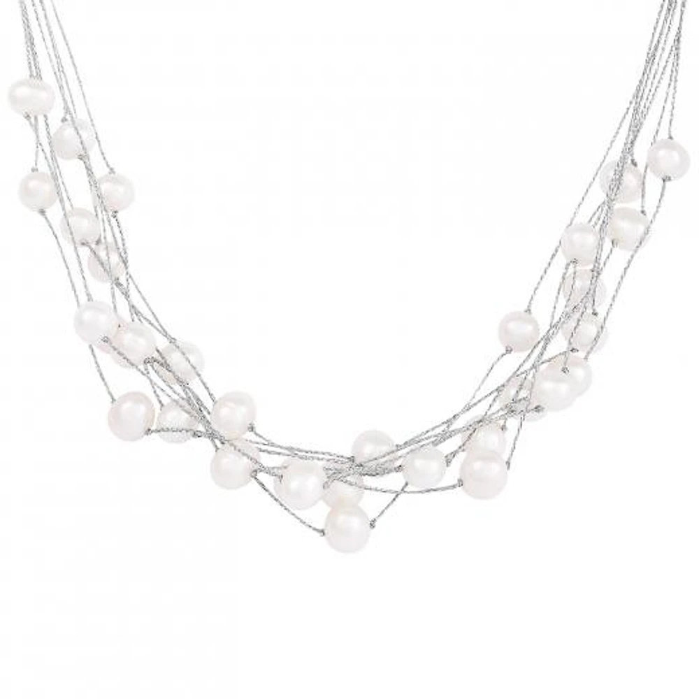 Sterling Silver 7-8mm Multirow Threaded White Pearl Necklace