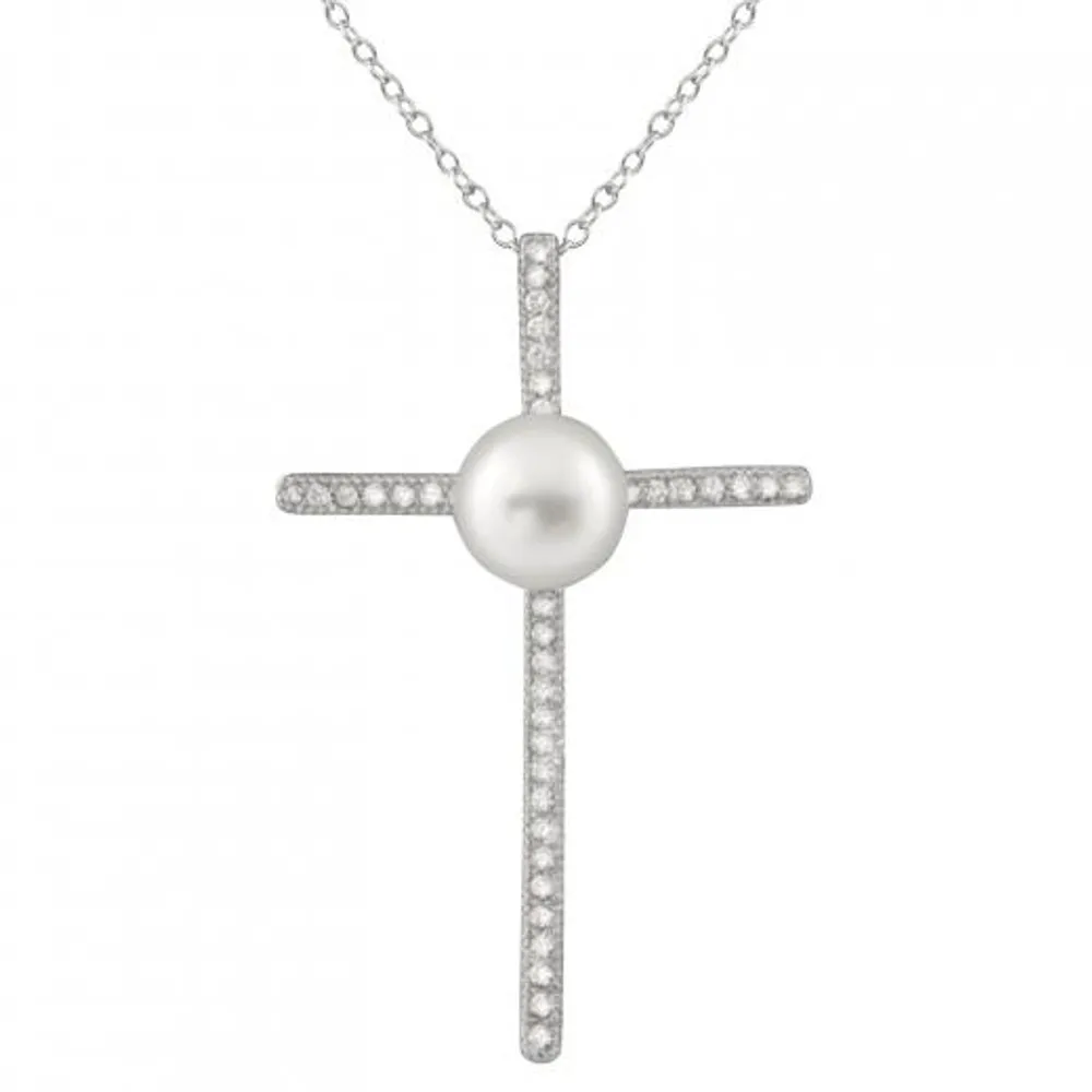 Sterling Silver Micropave Cubic Zirconia & 8-8.5mm Pearl Crucifix