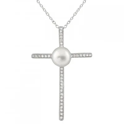 Sterling Silver Micropave Cubic Zirconia & 8-8.5mm Pearl Crucifix