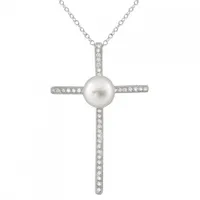 Sterling Silver Micropave Cubic Zirconia & 8-8.5mm Pearl Crucifix