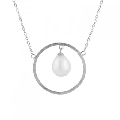 Sterling Silver Brushed Finished 8-8.5mm Pearl Pendant