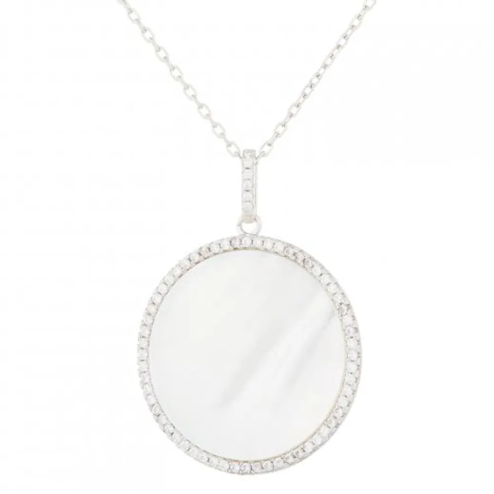 Sterling Silver 23mm Mother of Pearl & Cubic Zirconia Halo Pendant