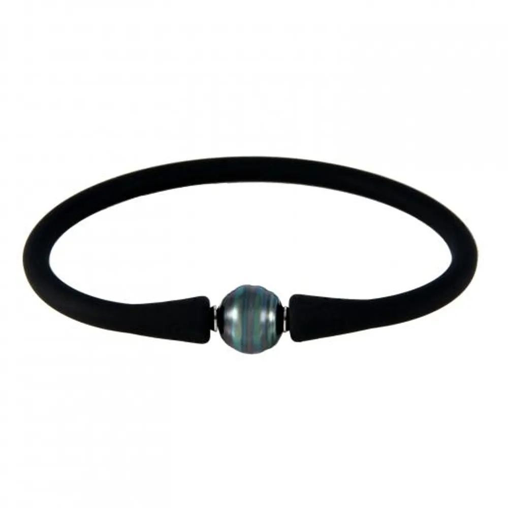 Black Silicone Tahitian Pearl 8" Bracelet