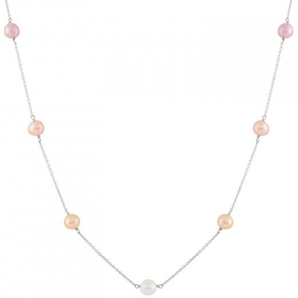 Sterling Silver 5 Stationed 7-8mm Pearl Necklace