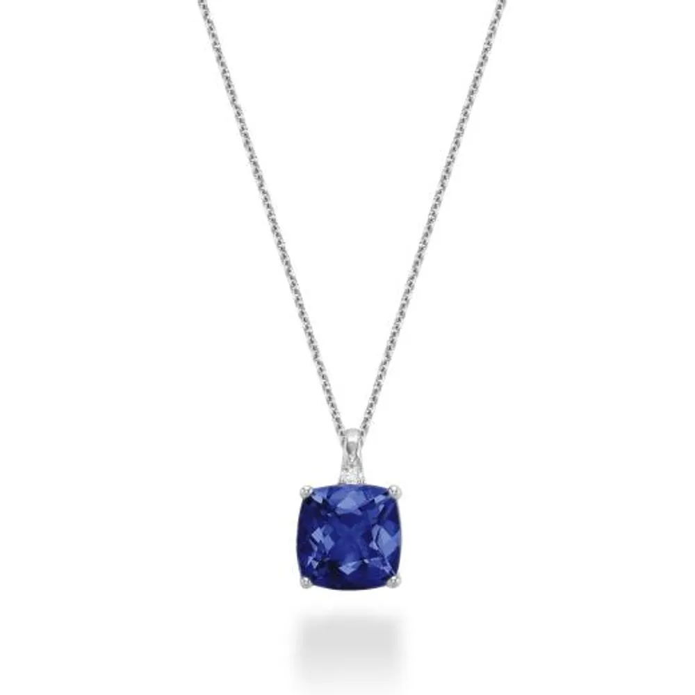 10K White Gold Created Blue Sapphire & Diamond Pendant