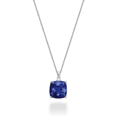 10K White Gold Created Blue Sapphire & Diamond Pendant