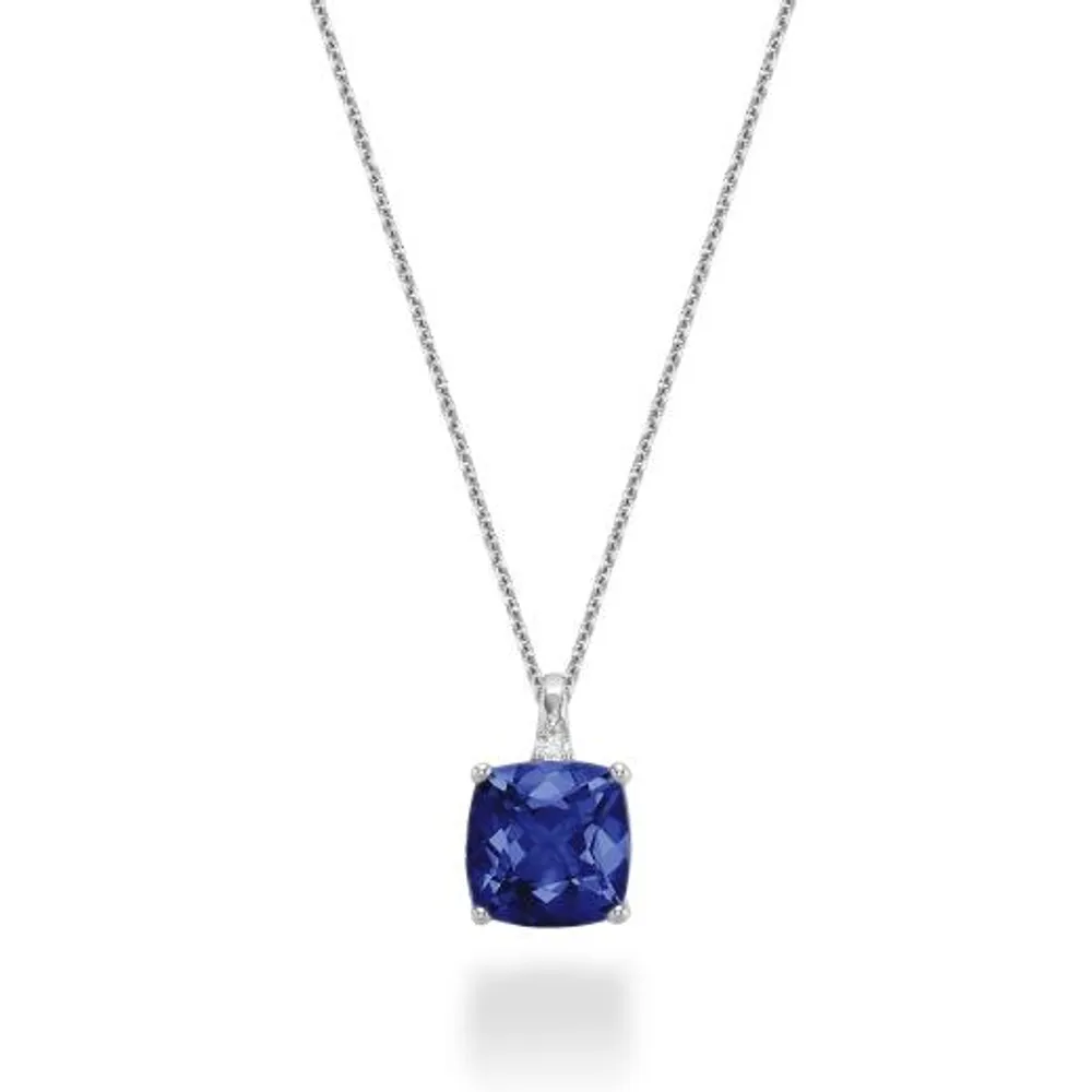 10K White Gold Created Blue Sapphire & Diamond Pendant