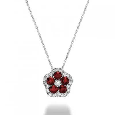 Les Bijoux 10K White Gold Ruby & 0.07ctw Diamond Flower Necklace