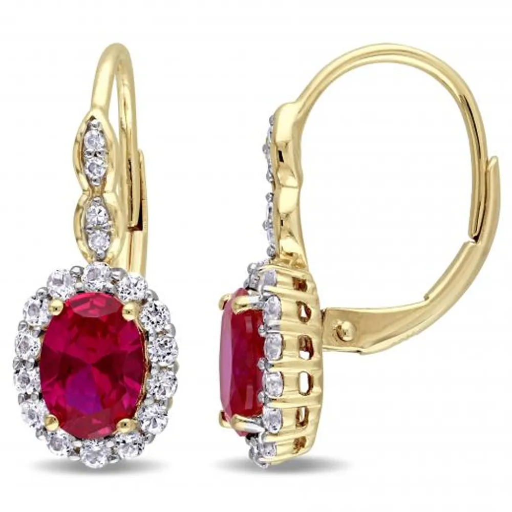 Julianna B 14k Yellow Gold Created Ruby, White Topaz & 0.04CTW Diamond Earrings