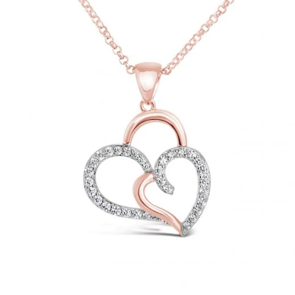 Sterling Silver Rose Plated Cubic Zirconia Double Heart Pendant