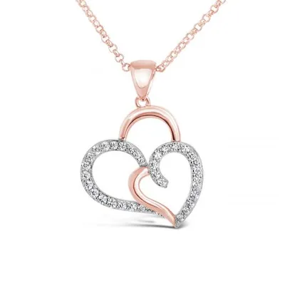 Sterling Silver Rose Plated Cubic Zirconia Double Heart Pendant
