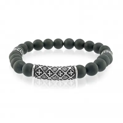 Stainless Steel Cross Onyx Bead Bracelet